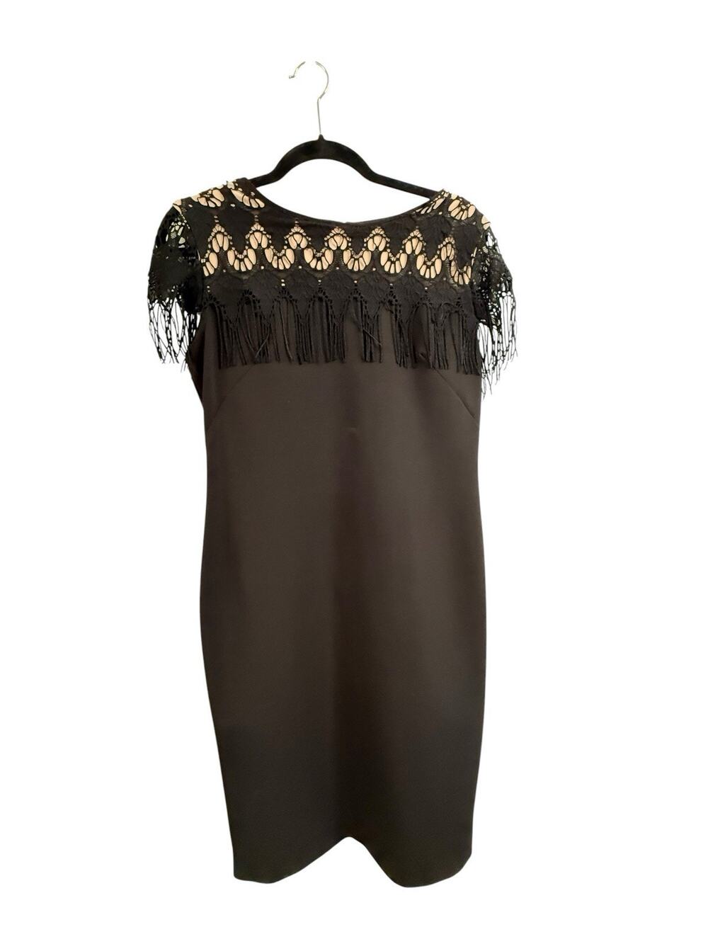 Taylor Black Lace Fringe Sheath Dress Size 6 Cocktail Party Knee Length